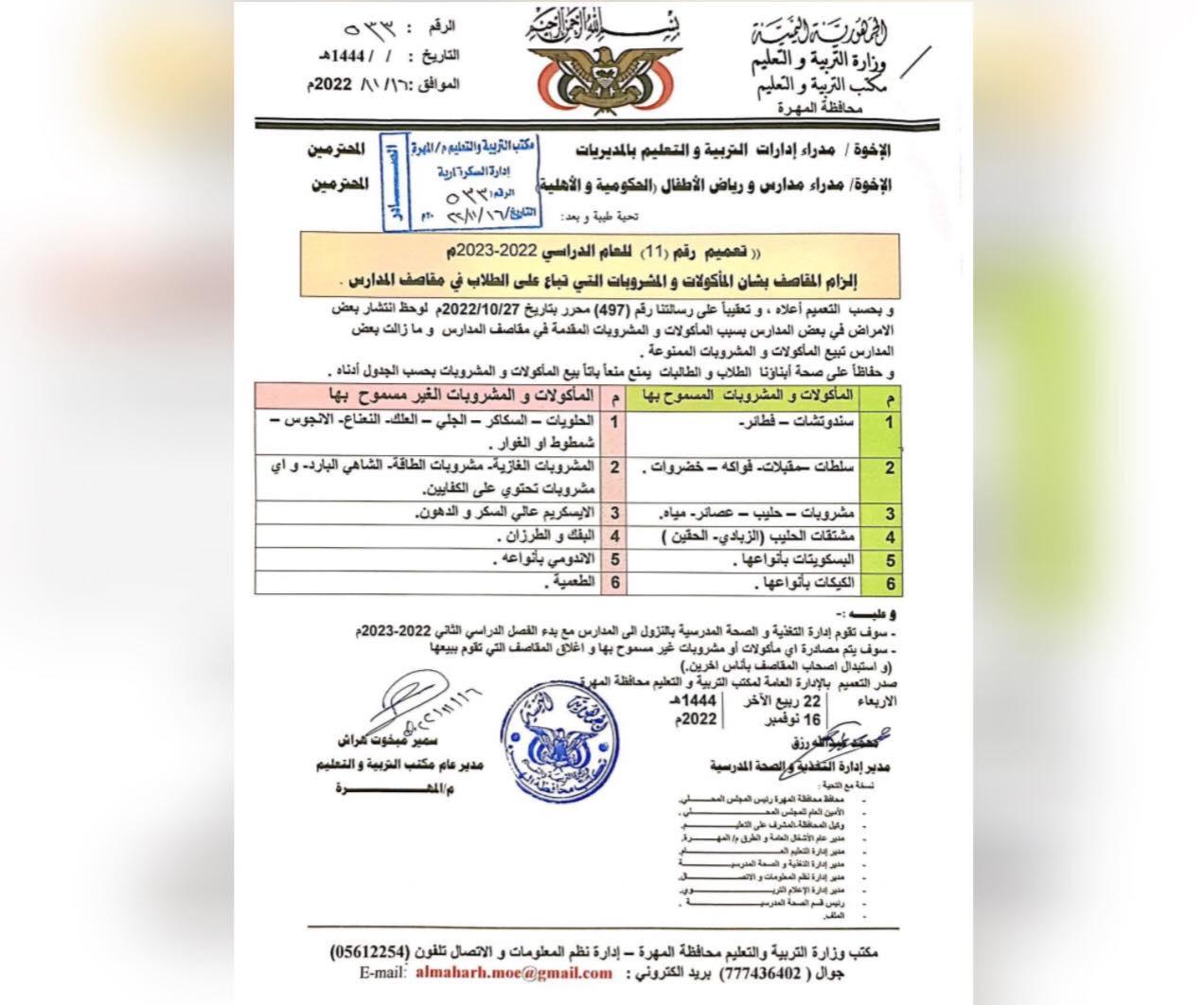 المهرة: تعميم يمنع بيع الأندومي والطرزان والطعمية والمشروبات الغازية بمقاصف المدارس